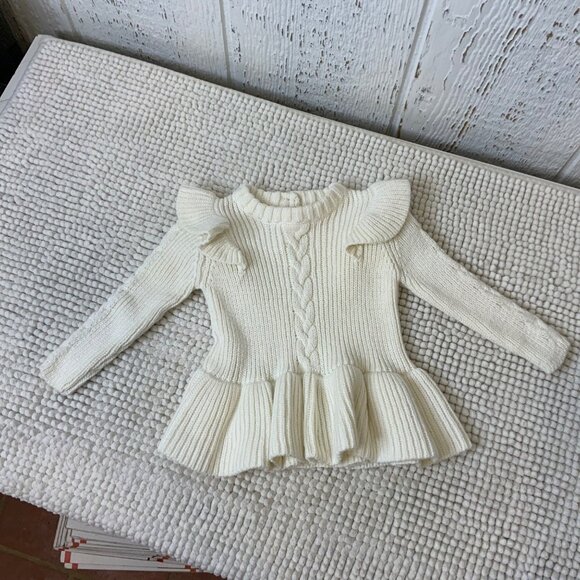 Laura Ashley Girls Sweater Off white long sleeve ruffled bottom size 0-3m - Picture 1 of 4